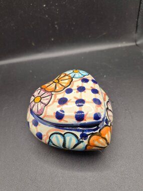 Hand-Painted Ceramic Heart Trinket Box From Mexico With Colorful Floral Design